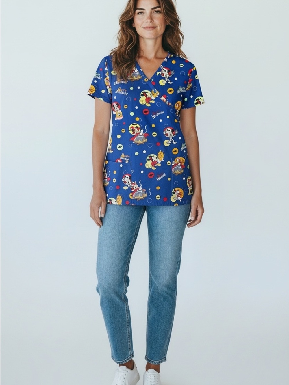 Disney Women’s Happy Halloween Blue Printed V-Neck Scrub Top
